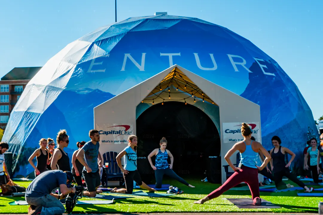 capital one dome exterior yoga group outside dome