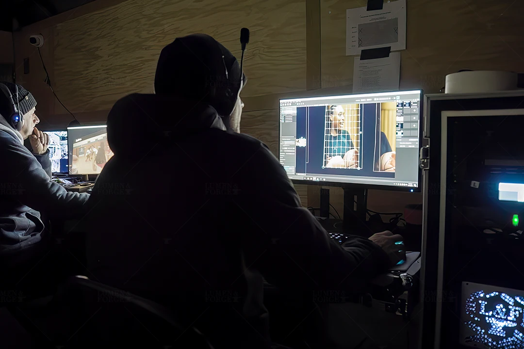 Video technicians blending multiple projectors for seamless display