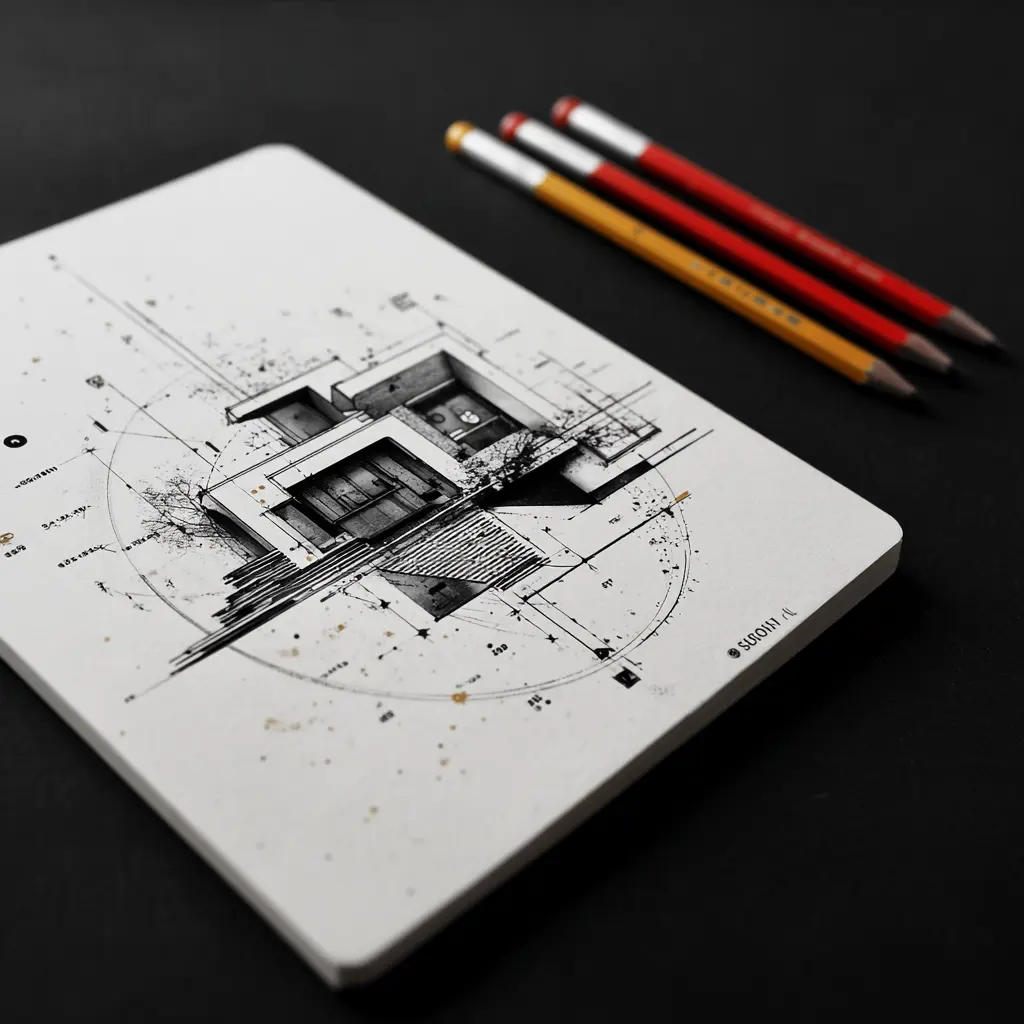 Architectural sketch of a modern house on a notepad beside colored pencils
