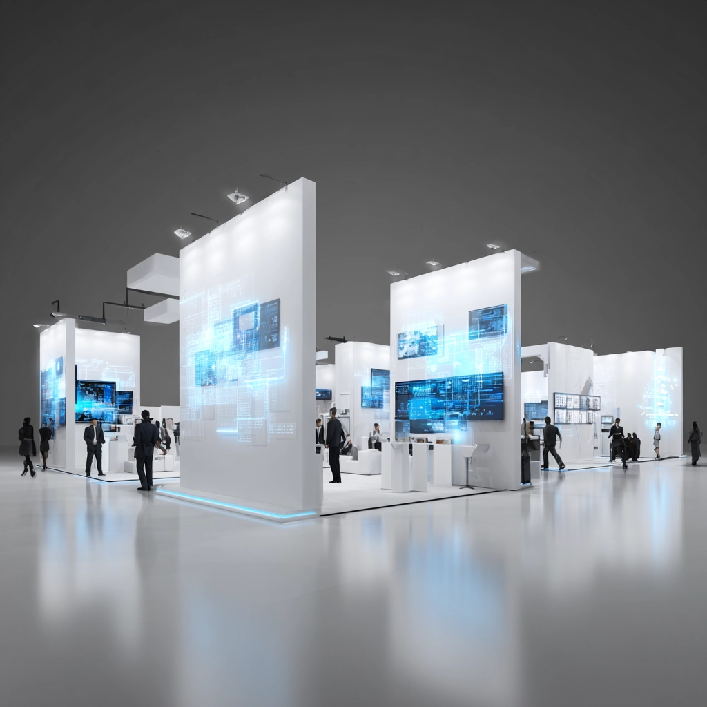 Modern white trade show booth with digital displays and visitors