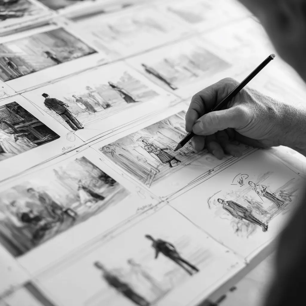 Hand sketching storyboard panels with a pencil