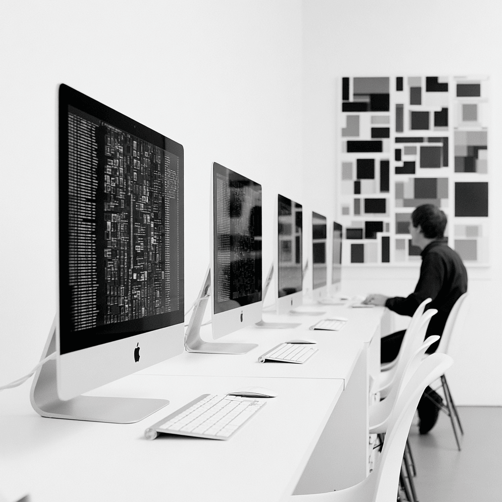 Row of iMacs on a white desk with a person working at the end