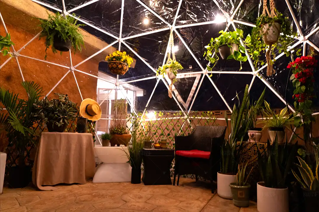 Interior of a clear 12 ft garden dome at night with hanging plants, potted greenery and a wicker chair