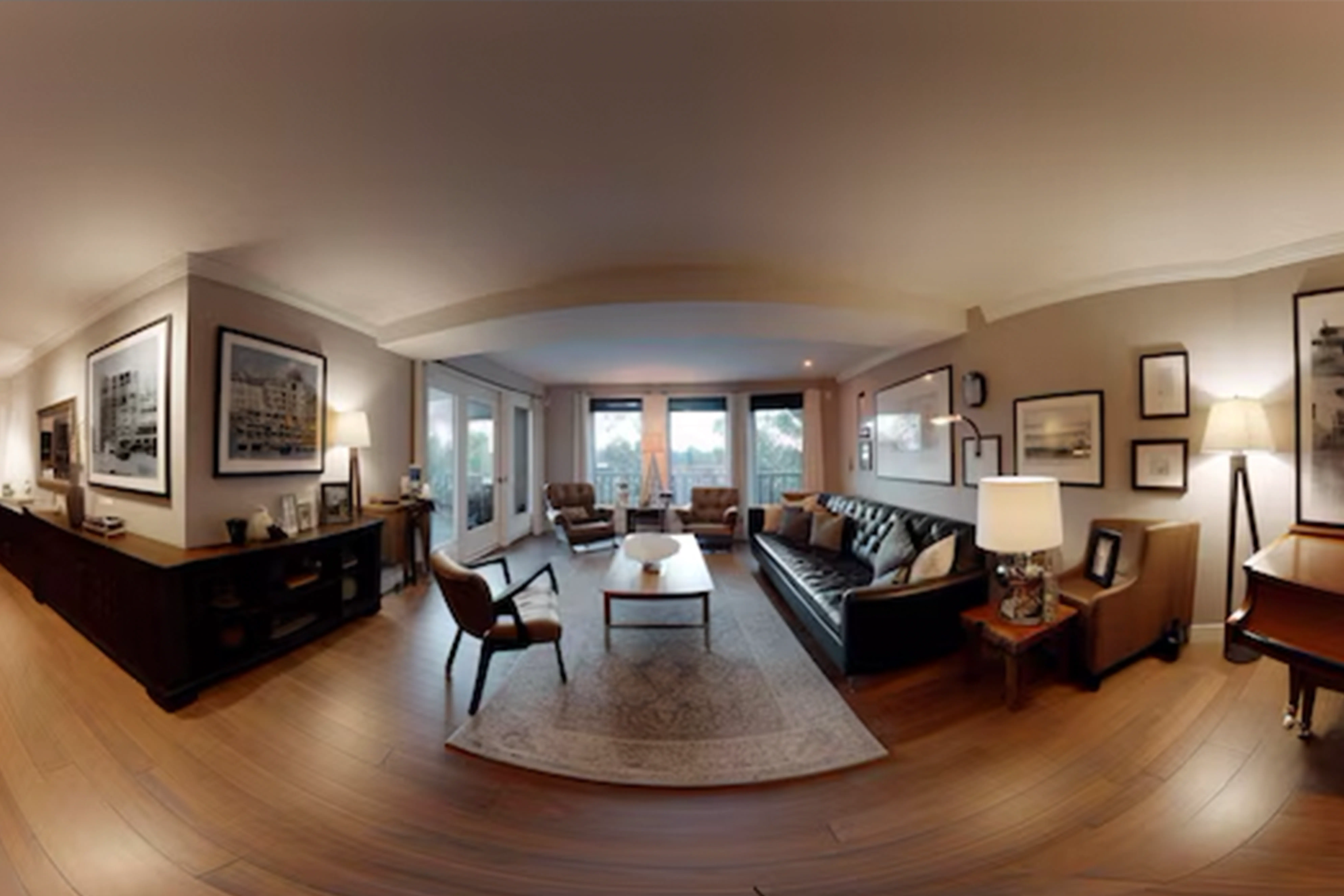 360-degree panoramic view of a furnished living room with a leather sofa and piano, used for real estate visualization
