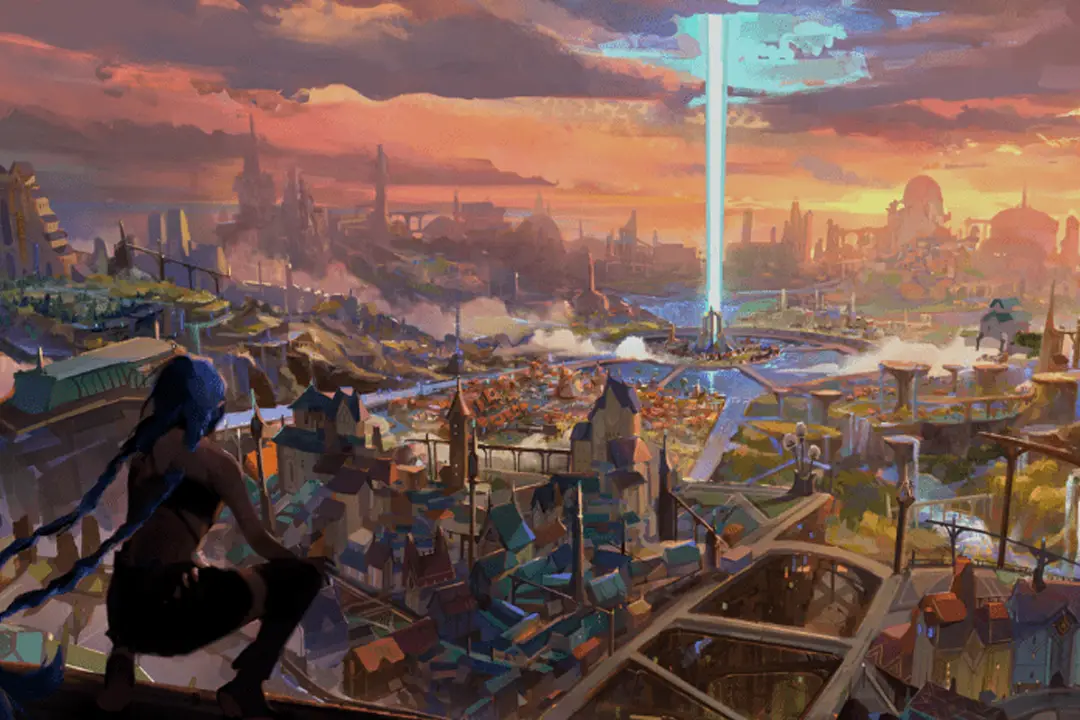 Painterly scene from Arcane of a blue-haired girl crouched on a ledge above a sprawling city at sunset