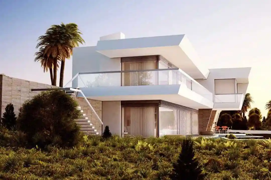 3D architectural rendering of a modern white two-story villa with glass balconies, palm trees and a landscaped garden