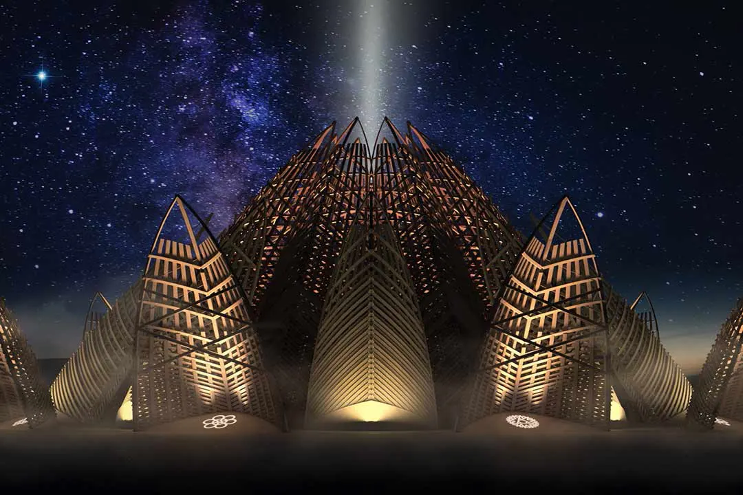 3D rendering of a lit wooden lattice art installation under a starry night sky, created for Virtual Burn
