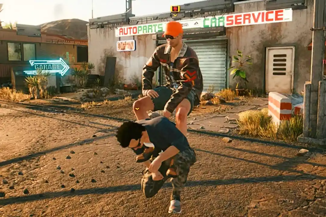 Cyberpunk 2077 bug with one character glitched onto another's back outside an Auto Parts Car Service garage