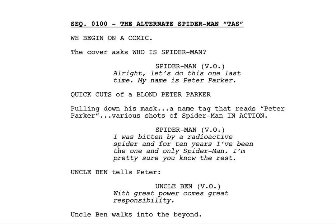 Into the Spider-Verse script page, SEQ. 0100 The Alternate Spider-Man, with Spider-Man and Uncle Ben voice-overs