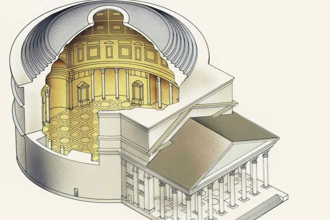 Cutaway illustration of the Pantheon in Rome showing its coffered dome, rotunda interior and columned portico