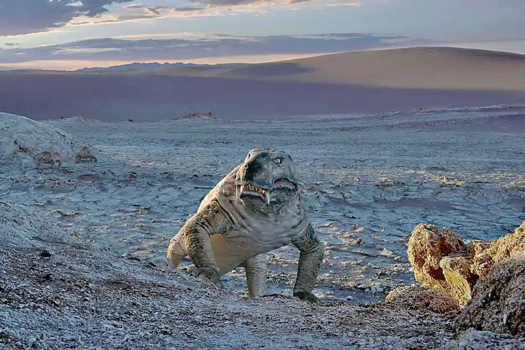 Still from Terrence Malick's Voyage of Time showing a prehistoric reptile-like creature on a barren plain at dusk