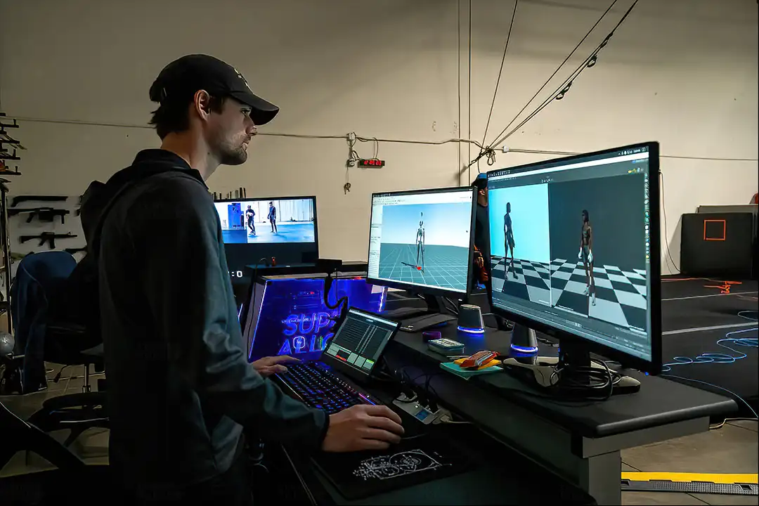 Developer at a motion capture workstation, monitors showing 3D character models and skeletons for a video game
