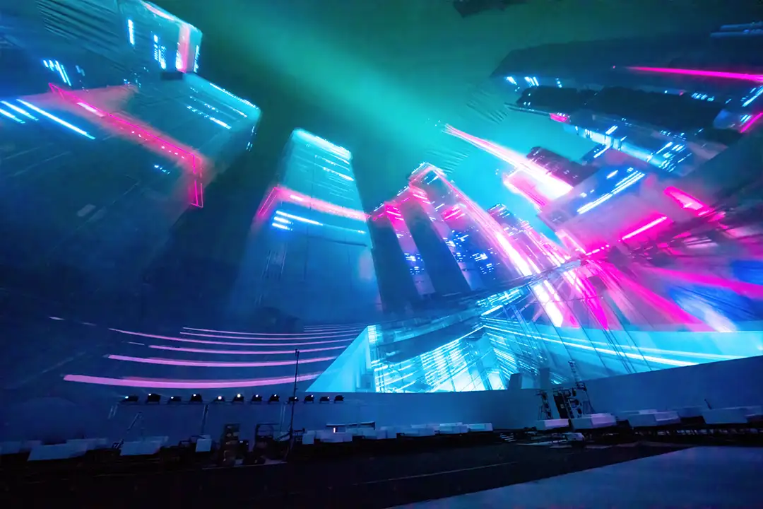 Interior view of Miami's largest projection dome displaying immersive skyline visuals