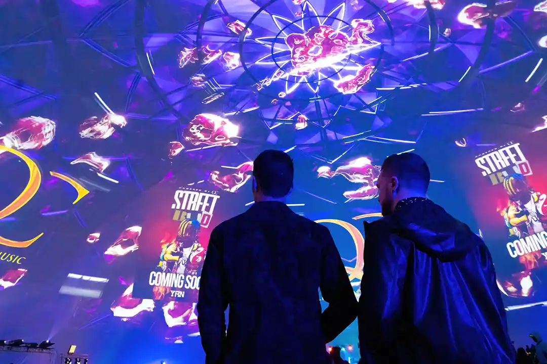 miami largest dome interior visuals immersive projection mapping two men