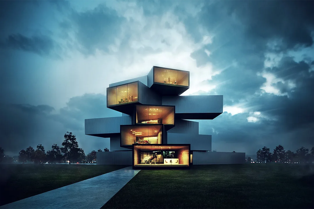 3D architectural render of a stacked modern building with glowing glass rooms under a stormy dusk sky