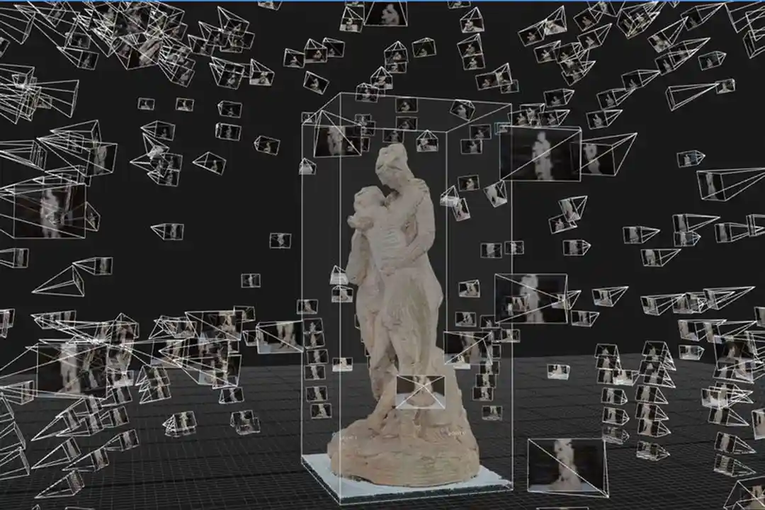 Photogrammetry visualization of a sculpture of an embracing couple surrounded by camera positions and their captured photos