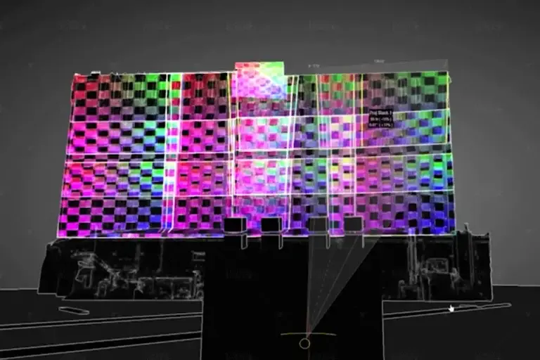 Projection mapping software view of a 3D building model covered in colorful checkerboard projector test patterns