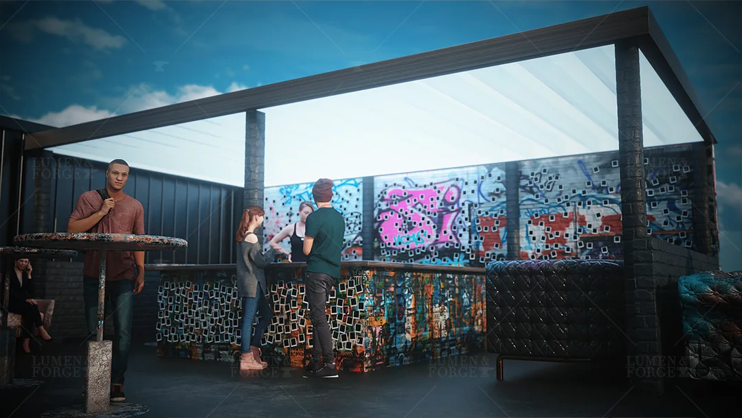 photorealistic event render bar with graffiti 3d
