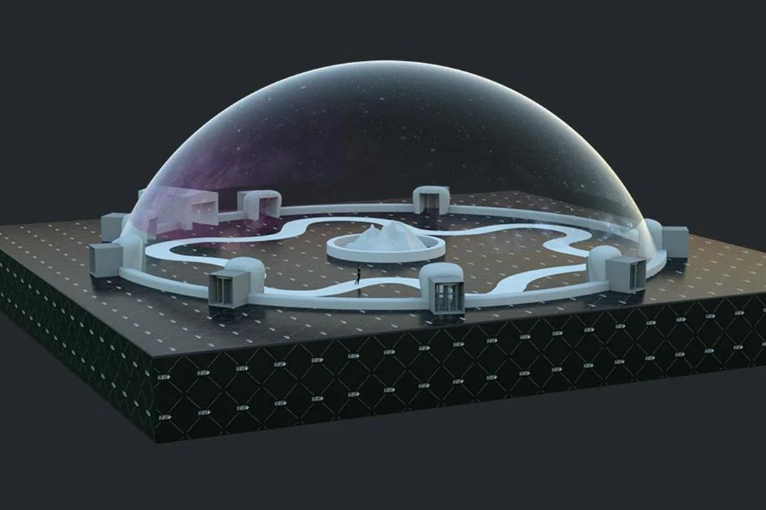 3D render of a transparent 360 dome over a square platform with a winding white path and central feature