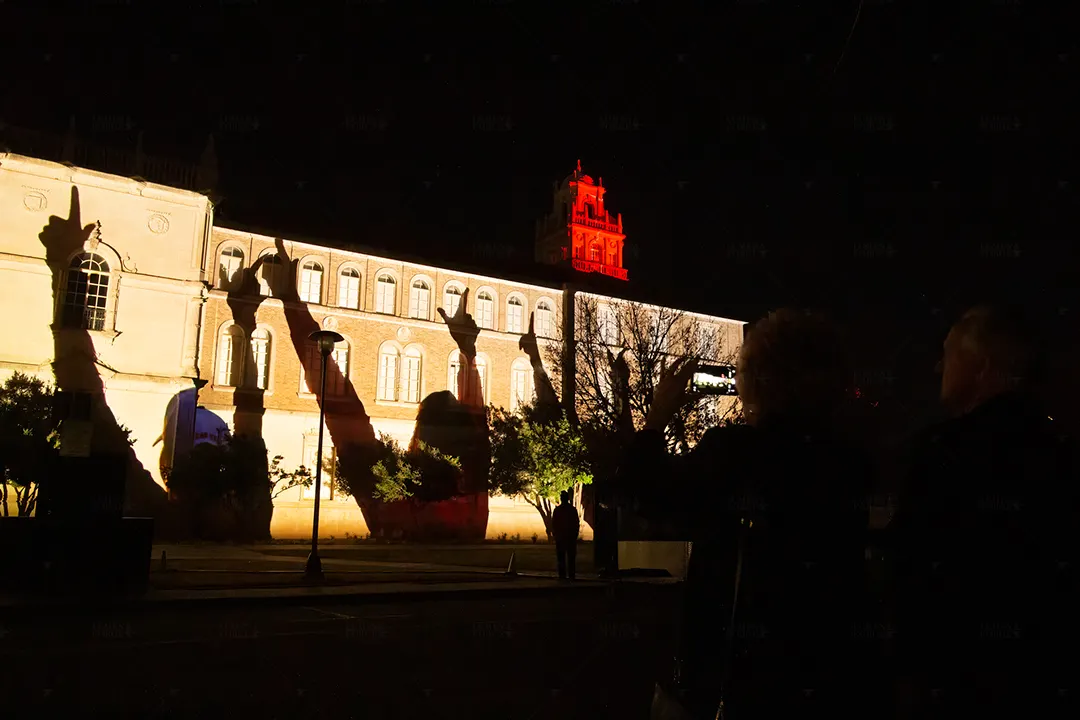 Texas Tech University Building Projection Mapping Pointing Fingers