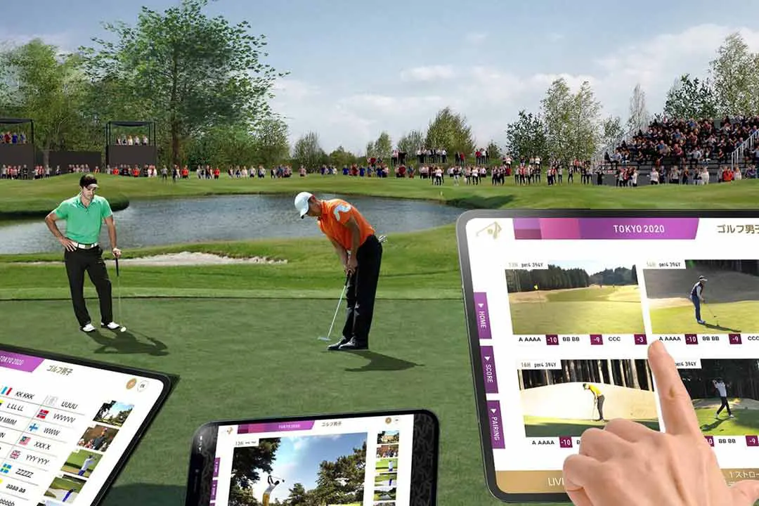 Augmented reality concept of Tokyo 2020 Olympic golf, with players on a green and tablets showing a live golf app