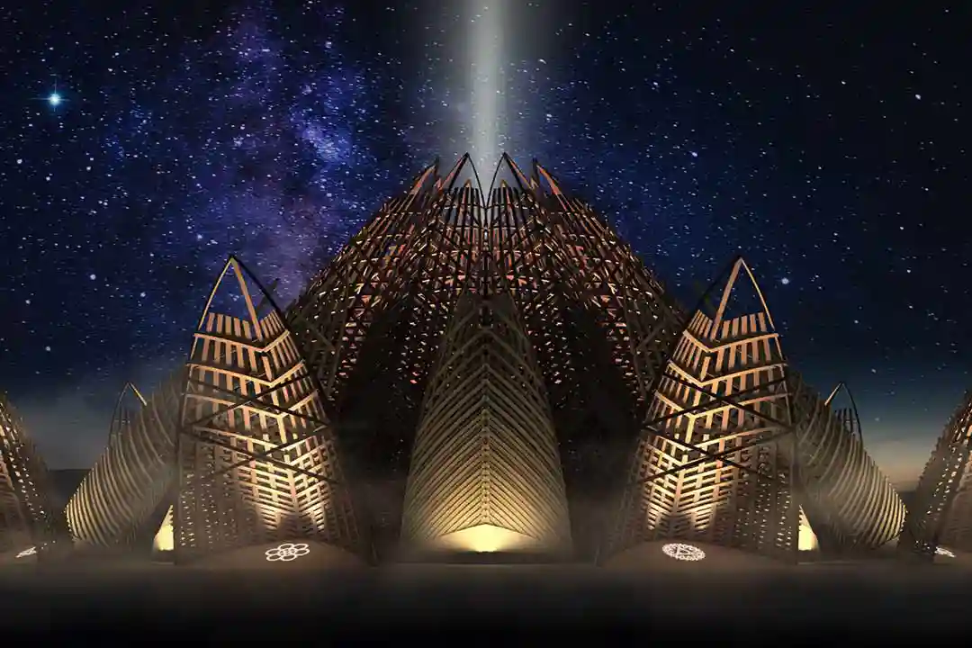 3D architectural render for Virtual Burn: a latticed wooden temple glowing under a starry sky with a light beam rising