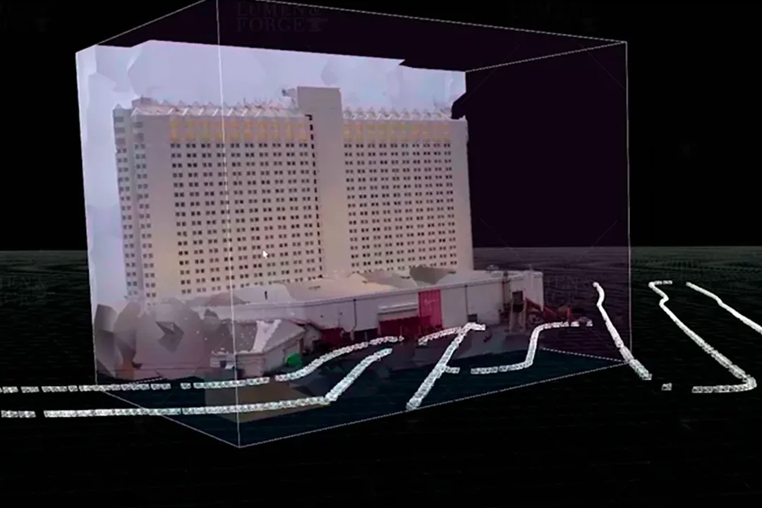 3D photogrammetry model of the Tropicana hotel tower in Las Vegas shown inside a bounding box on a dark grid