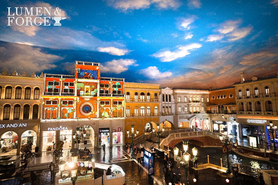 Christmas projection mapping on the clock tower at St. Mark's Square in The Venetian's Grand Canal Shoppes, Las Vegas