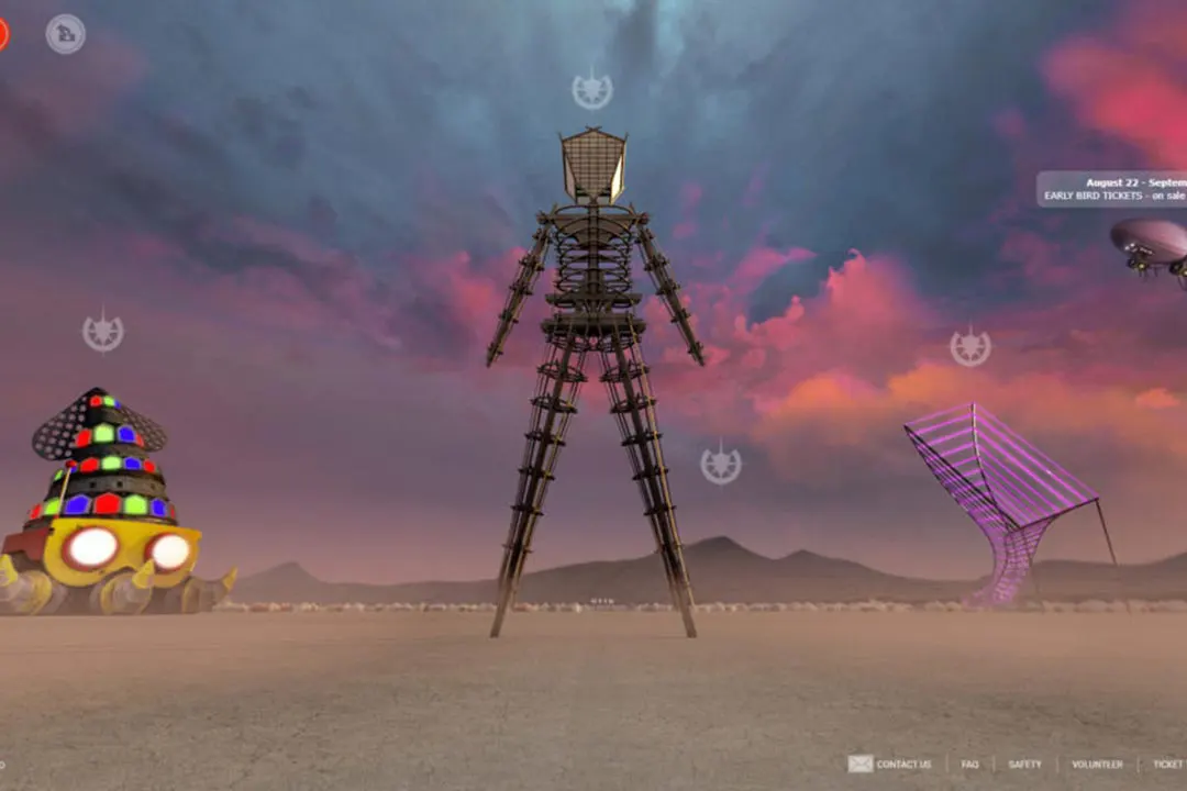 Virtual Burning Man scene with the Man effigy and art installations on a desert playa under a pink sunset sky