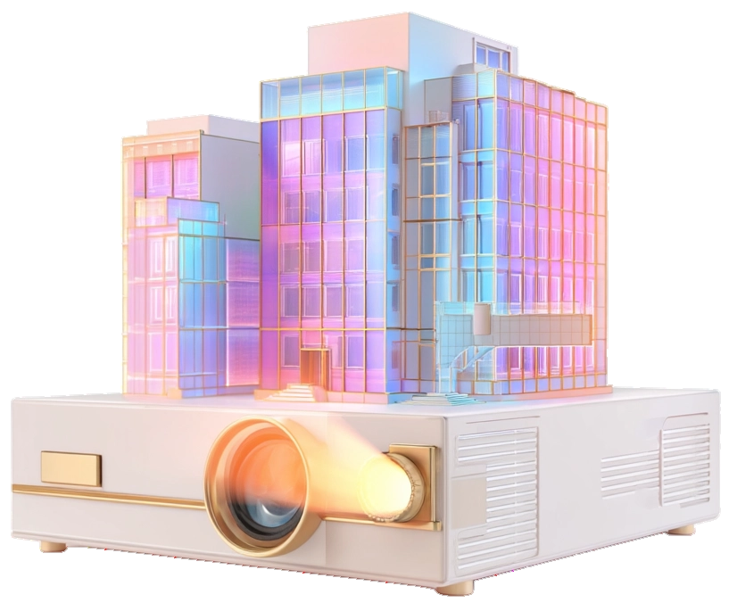 3D illustration of a projector with a glowing pink and blue model office building rising from it