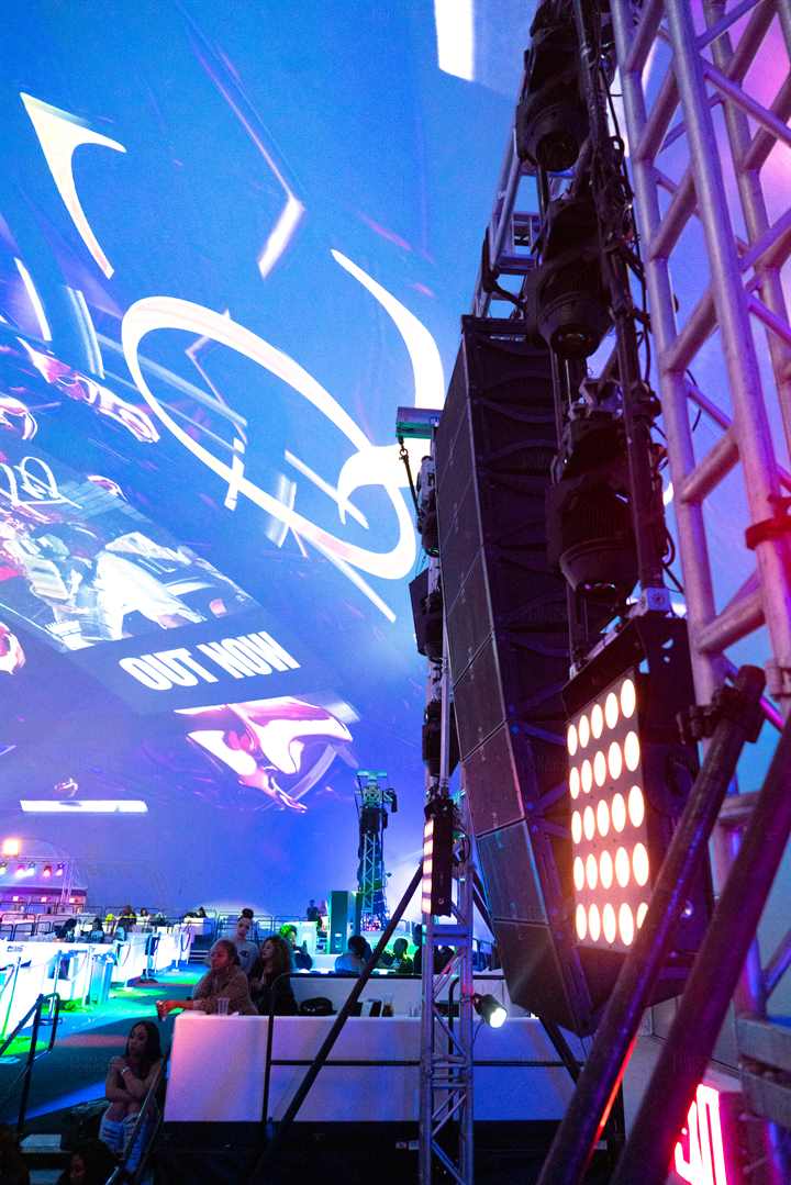 Close up of lighting rig at the massive event space the Miami Dome