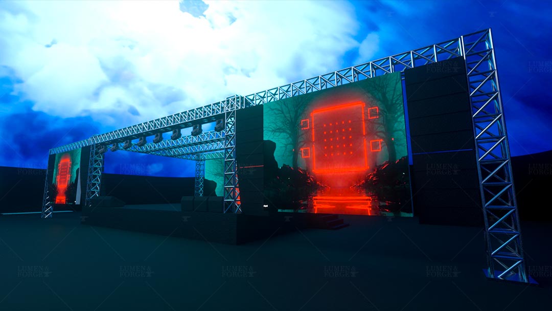 Rendering of stage with metal support structure and truss system for AV equipment