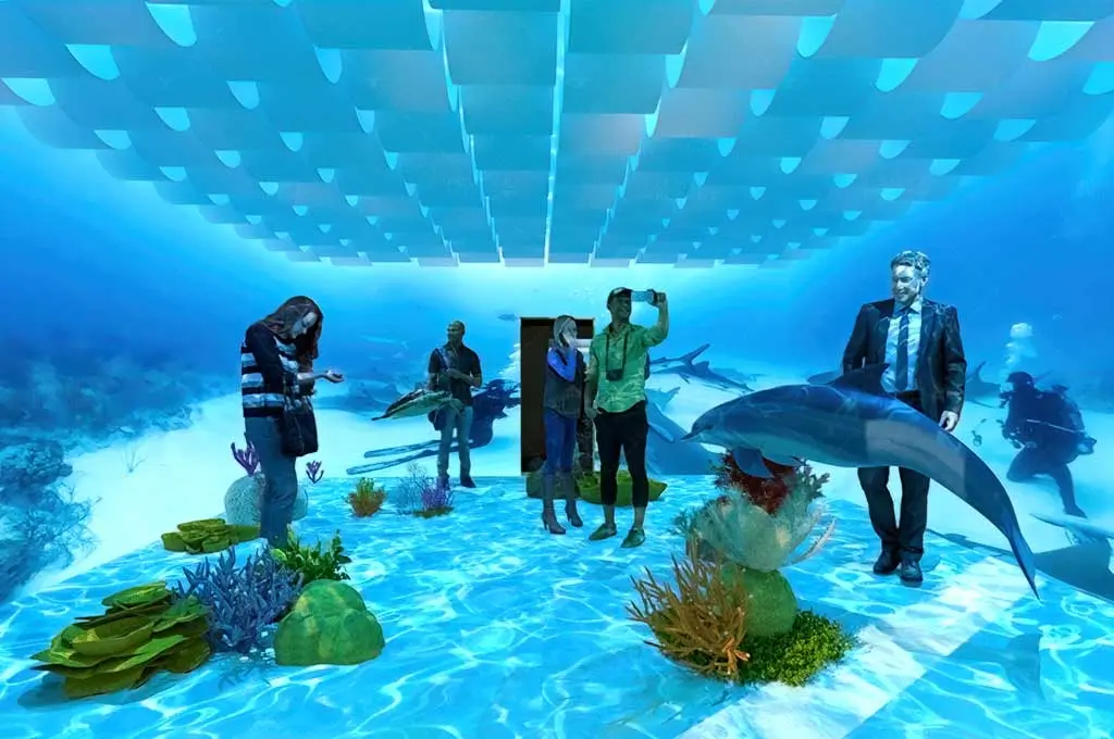 Photorealistic image render of guests enjoying an immersive underwater experience