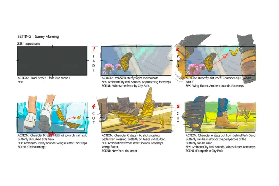 A detailed storyboard showcasing the animation process for a scene featuring a butterfly in various settings, including a city park, train carriage, and New York city street, with annotations for actions, sound effects, and camera movements.