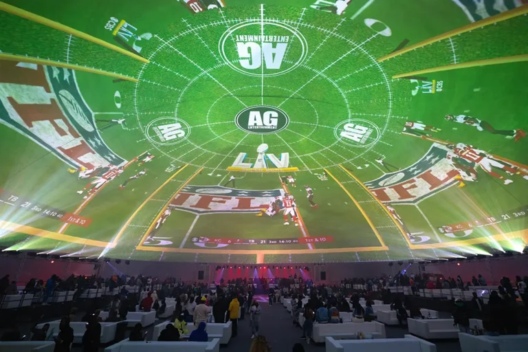 Immersive dome projection featuring Super Bowl LIV content at Atlanta Dome, creating an engaging viewing experience with projection mapping.