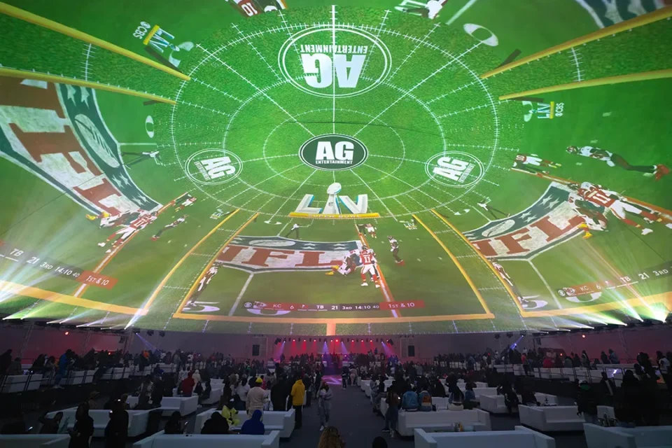 Immersive dome projection featuring Super Bowl LIV content at Atlanta Dome, creating an engaging viewing experience with projection mapping.