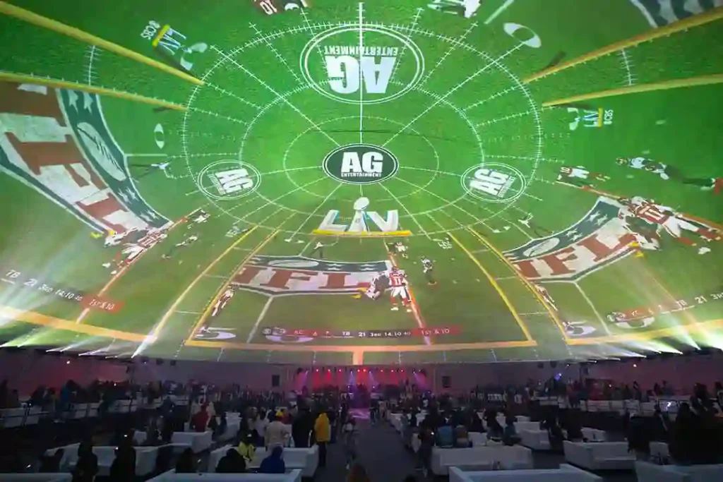 Immersive dome projection featuring Super Bowl LIV content at Atlanta Dome, creating an engaging viewing experience with projection mapping.