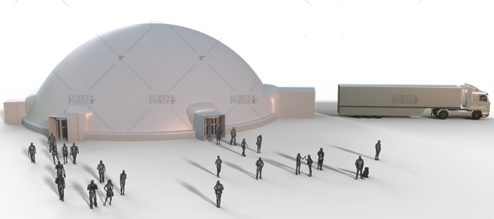 Large 130 foot inflatable dome render showcasing scaled size for outdoor and indoor events.