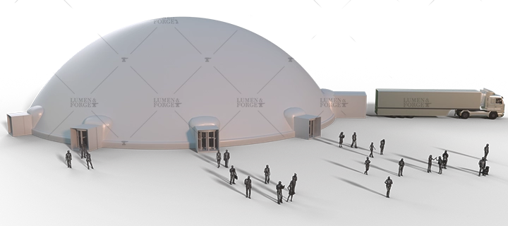 Large 60 foot inflatable dome render showcasing scaled size for outdoor and indoor events.