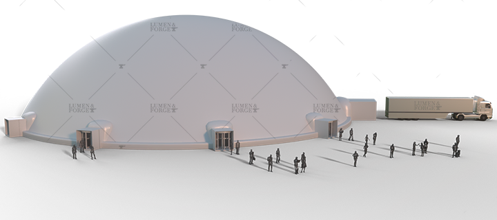 Large 200 foot inflatable dome render showcasing scaled size for outdoor and indoor events.