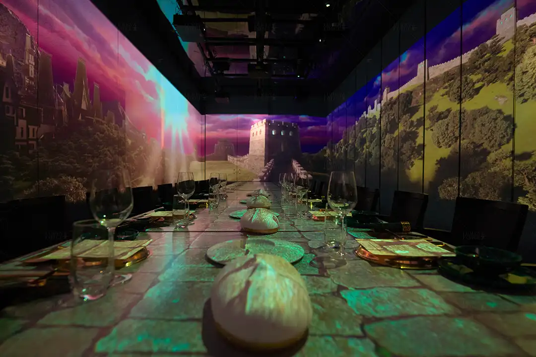 Immersive dining experience at X Pot Las Vegas inside The Venetian, featuring 360-degree projection mapping that transforms the restaurant into a multi-sensory culinary journey.